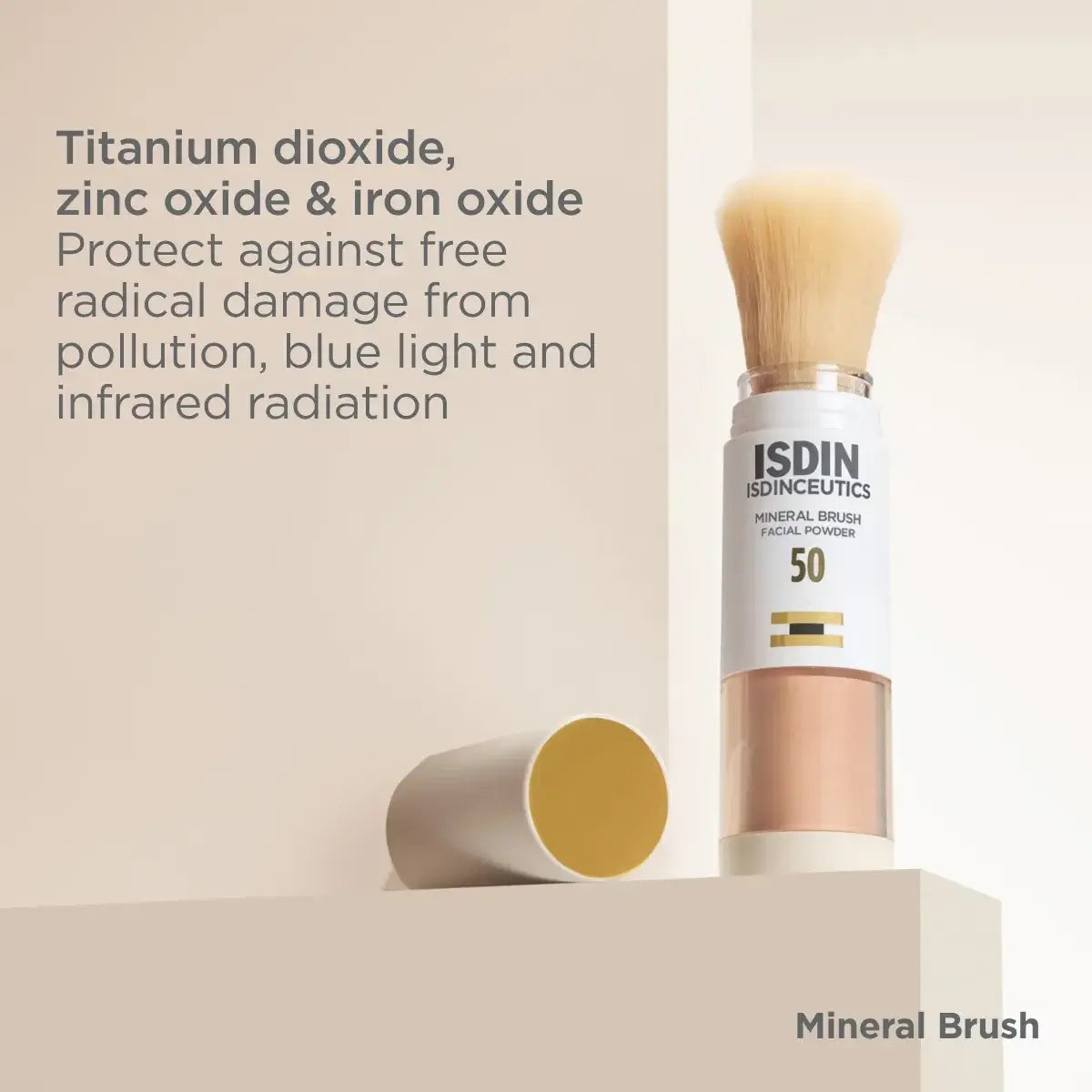ISDIN Mineral Brush SPF 50 facial powder with titanium dioxide, zinc oxide, and iron ixdi to protect against free radical damage.