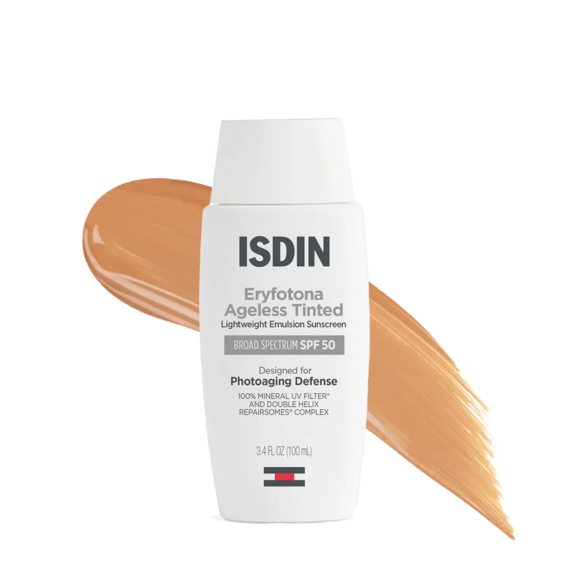A white bottle of ISDIN Eryfotona Ageless Tinted Lightweight Emulsion Brand Spectrum SPF 50 Mineral Sunscreen, 3.4 fl oz.