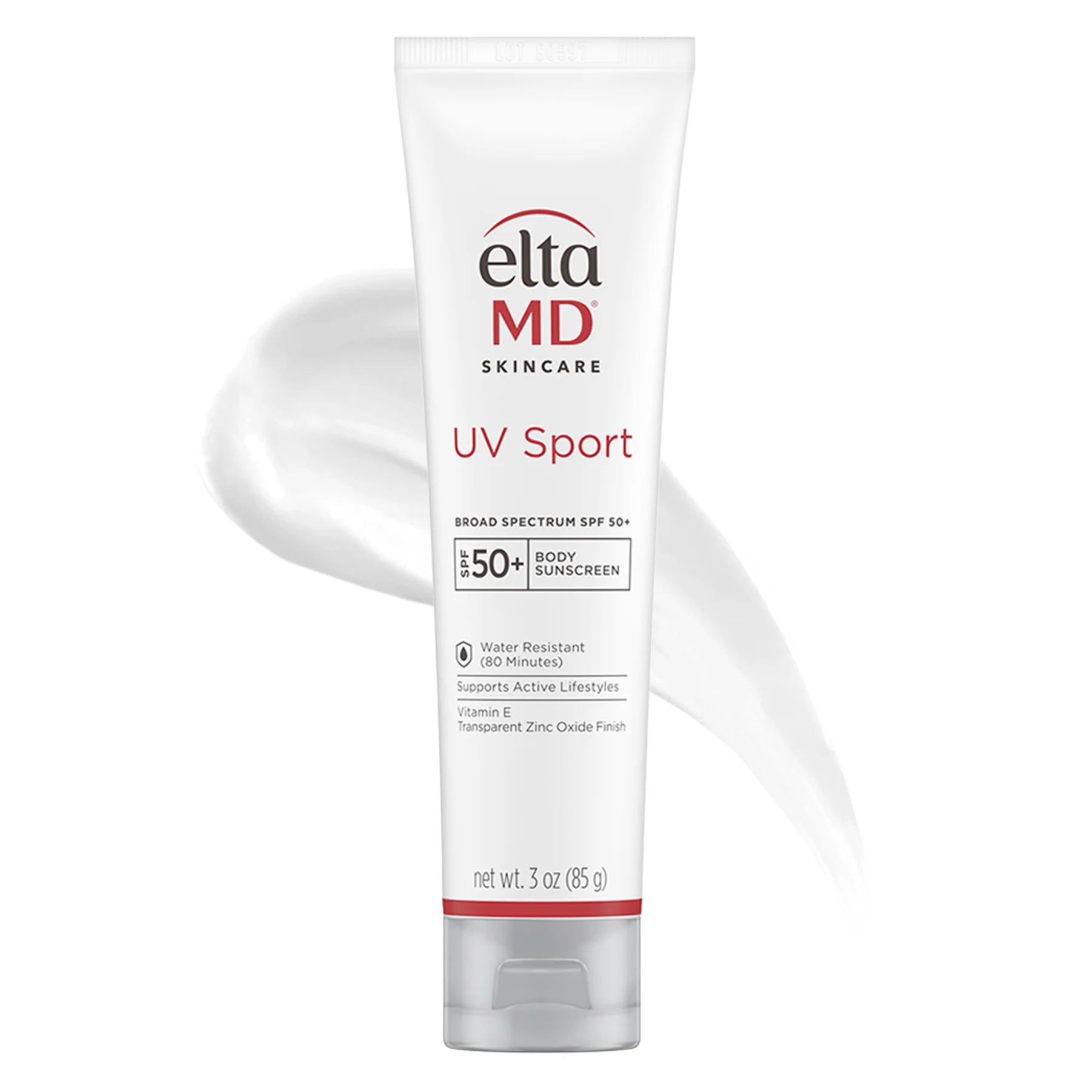 A white 3oz squeeze tube of EltaMD Skincare UV Sport water resistant broad spectrum SPF 50+ body sunscreen with vitamin E and a transparent zinc oxide finish to support active lifestyles.