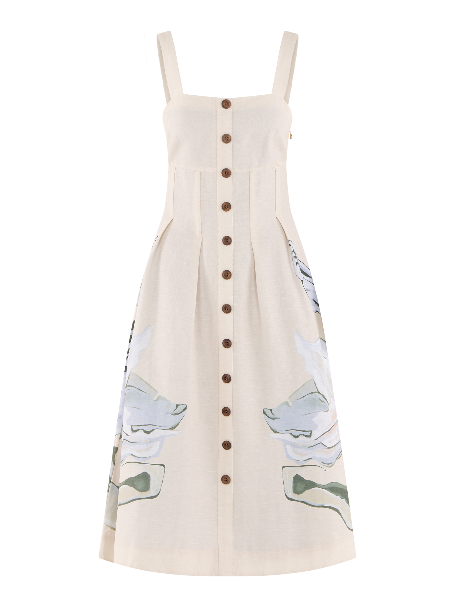 Emily McCarthy Constance Midi Dress in the Lavender Fields print on a cream background with a green and blue botanical design.