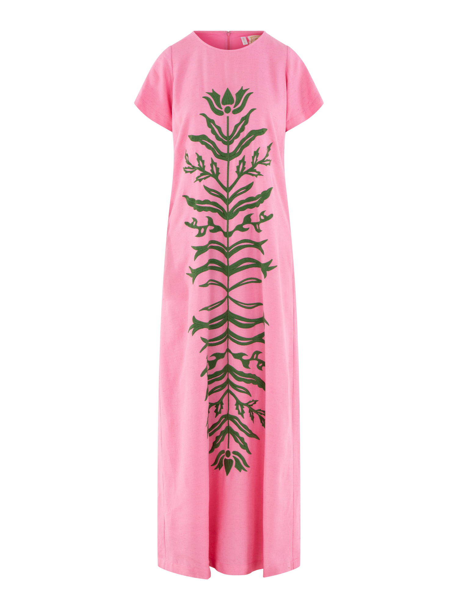 Emily McCarthy Cornelia Dress in Rosé on a white background with dark green floral appliqué.