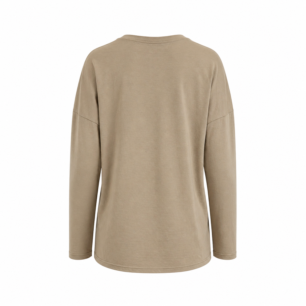 Be Fit V-Neck Drop Shoulder Long Sleeve Tee in Camel on a white background, back view.
