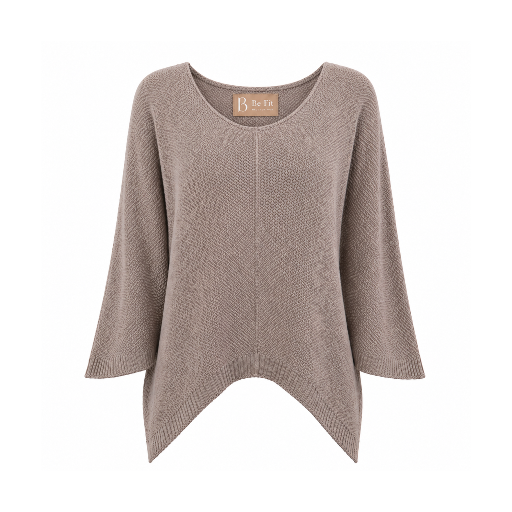 Be Fit V-Neck Front Seam Dolman Sleeve Knit Sweater in Mocha on a white background.