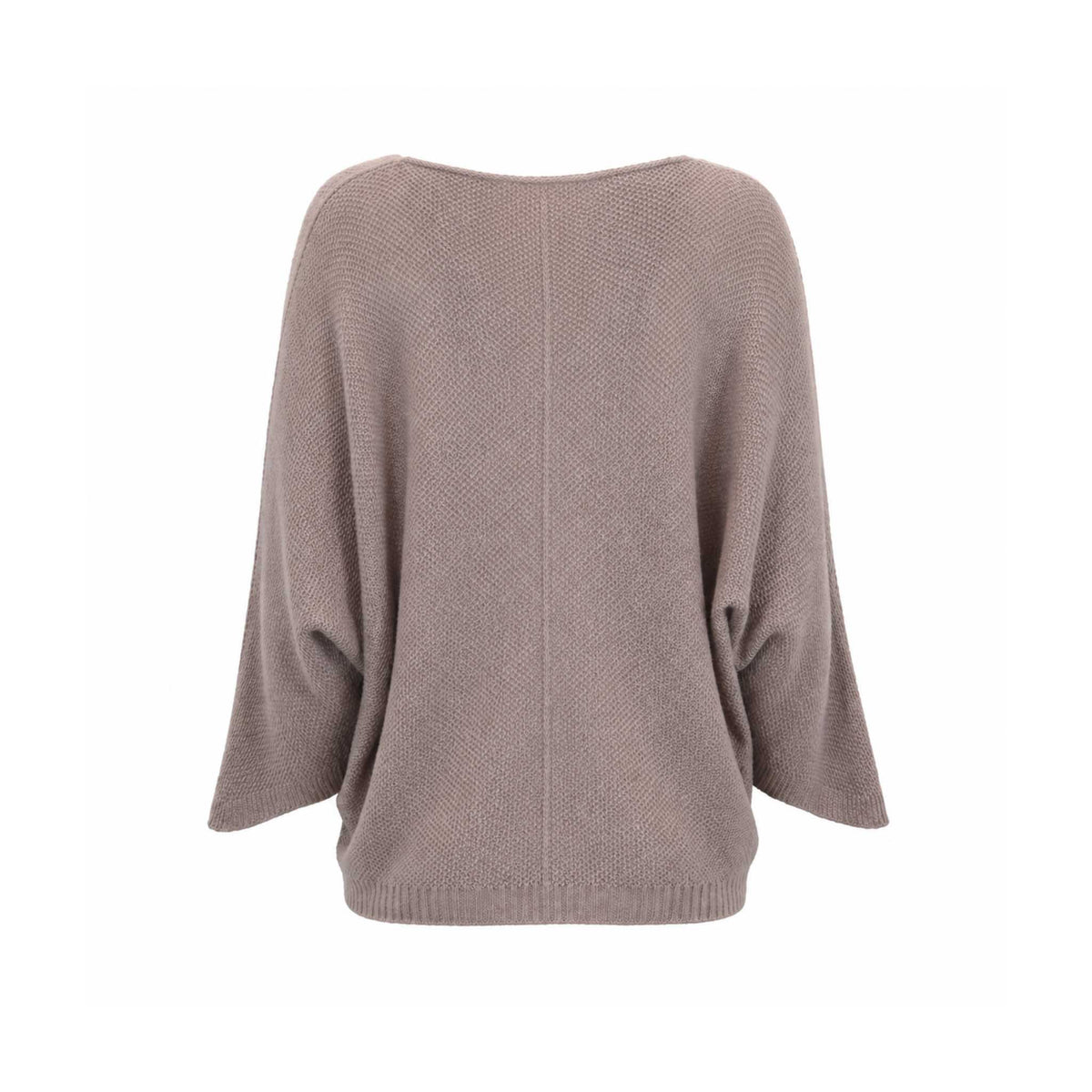 Back view of Be Fit women's V-Neck Front Seam Dolman Sleeve Knit Sweater in Mocha on a white background.