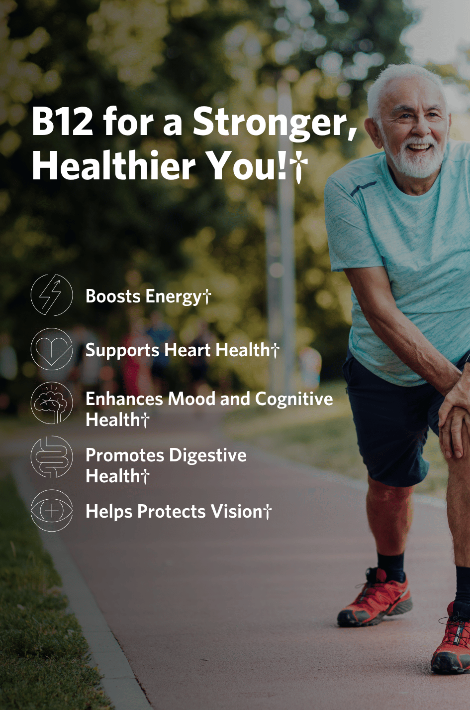 Man walking outdoors with text about Cooper Complete Vitamin B12 Methylcobalamin 1000 mcg benefits and a blurred background
