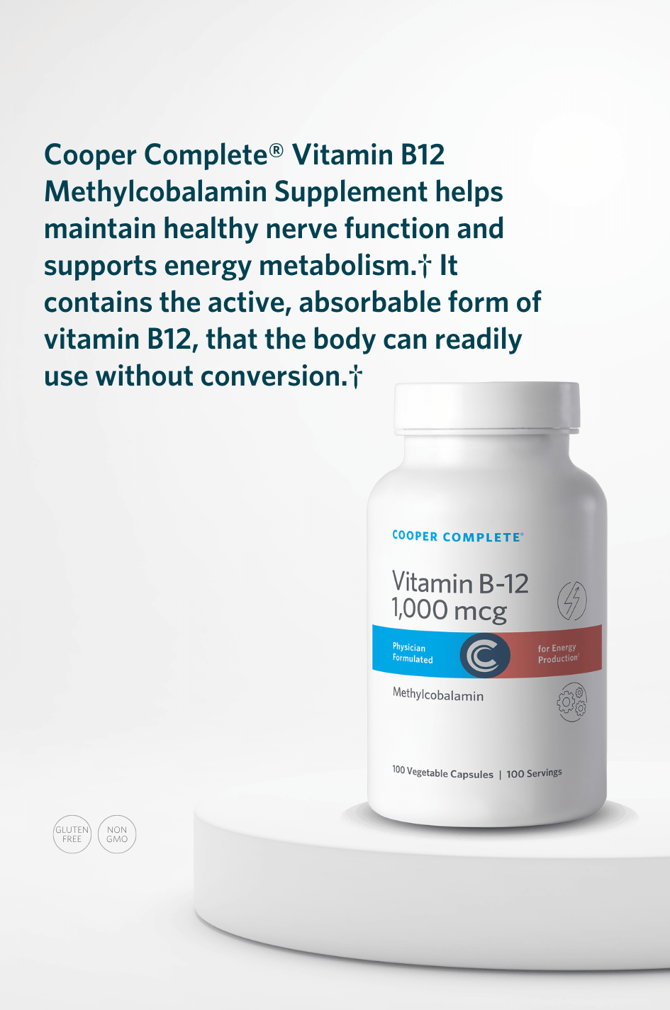 Cooper Complete Vitamin B12 Methylcobalamin supplement bottle with key product benefits.