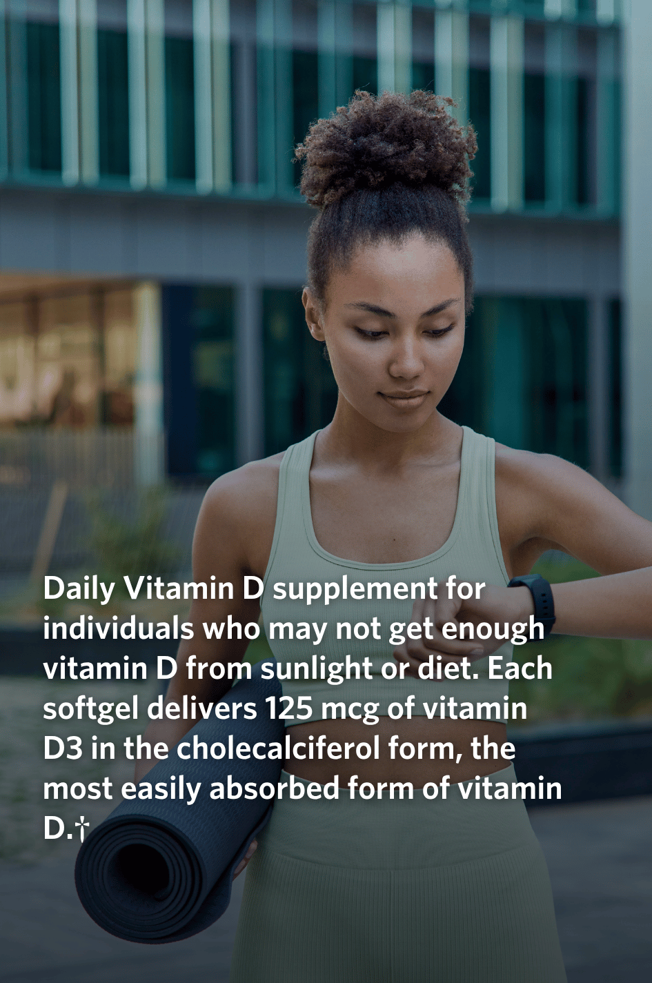 Woman in athletic wear holding a yoga mat with text about the benefits of Cooper Complete Vitamin D3 125 mcg (5000 IU) supplement, set against a blurred outdoor background.
