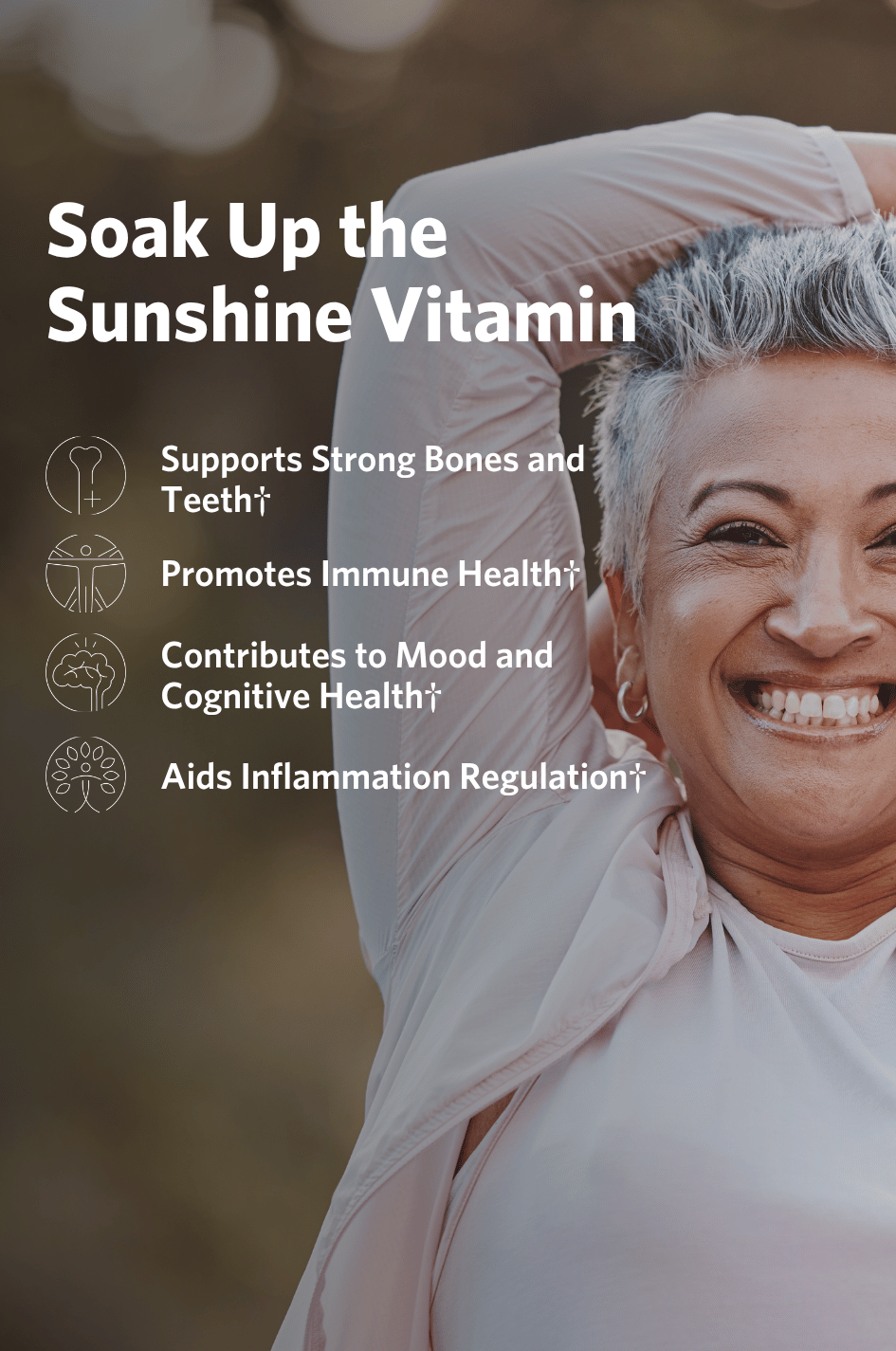 Smiling woman against a blurred natural background, with text about Cooper Complete Vitamin D3 Liquid Drops 25 mcg (1000 IU) vitamin benefits.