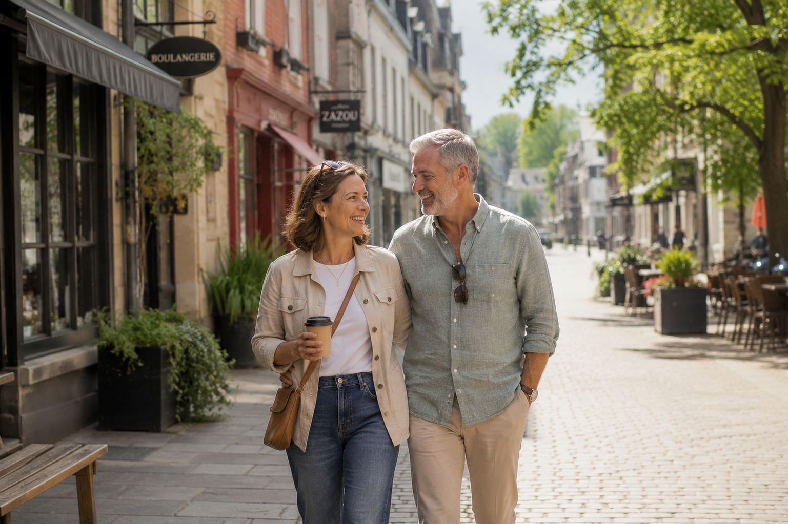 Smiling middle-aged couple walking through a sunny European-style city street with coffee in hand, supporting active aging, energy, and everyday wellness.