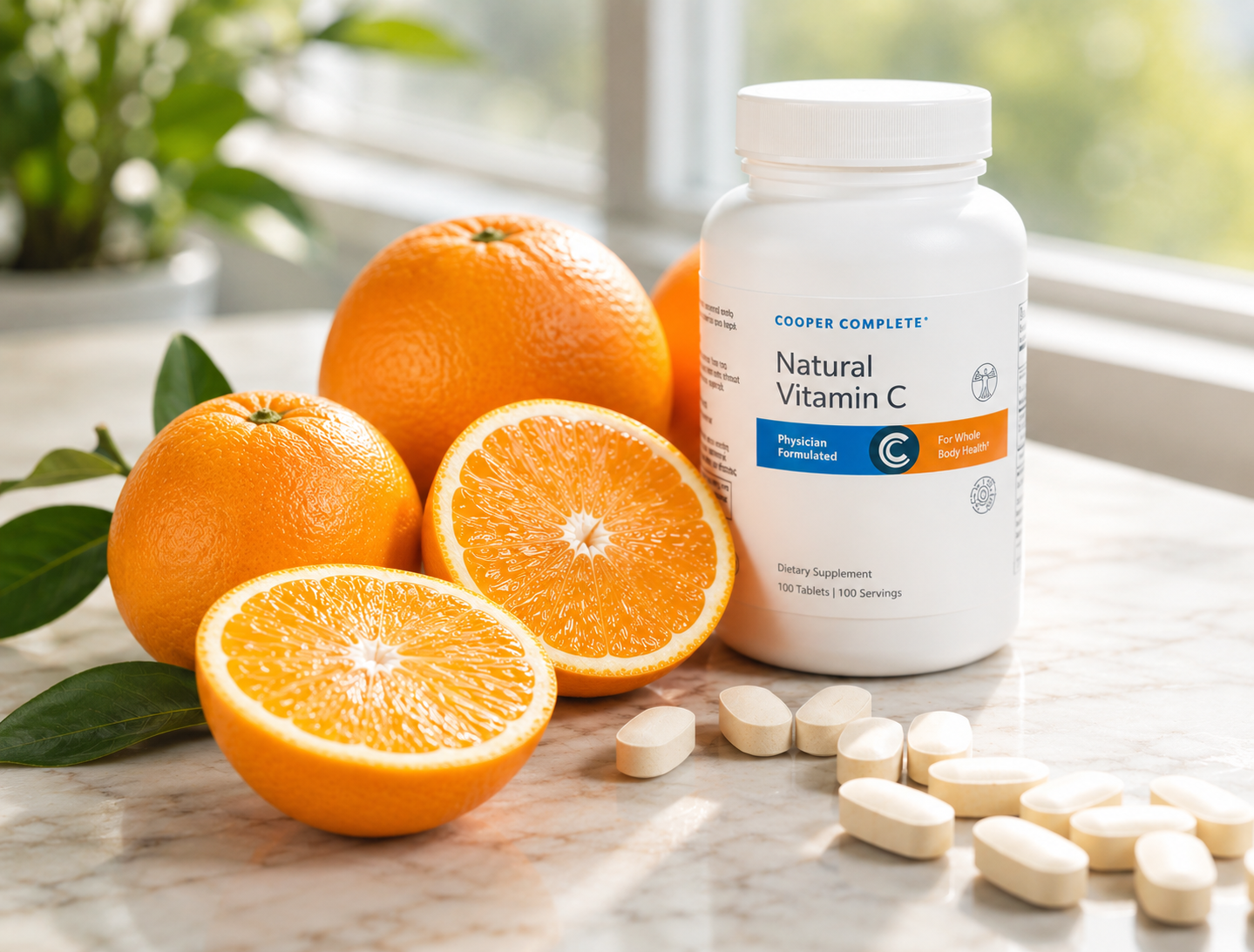Cooper Complete Natural Vitamin C supplement bottle displayed on a marble countertop with fresh oranges, sliced oranges, and white tablets scattered in front, set against a softly blurred kitchen background.