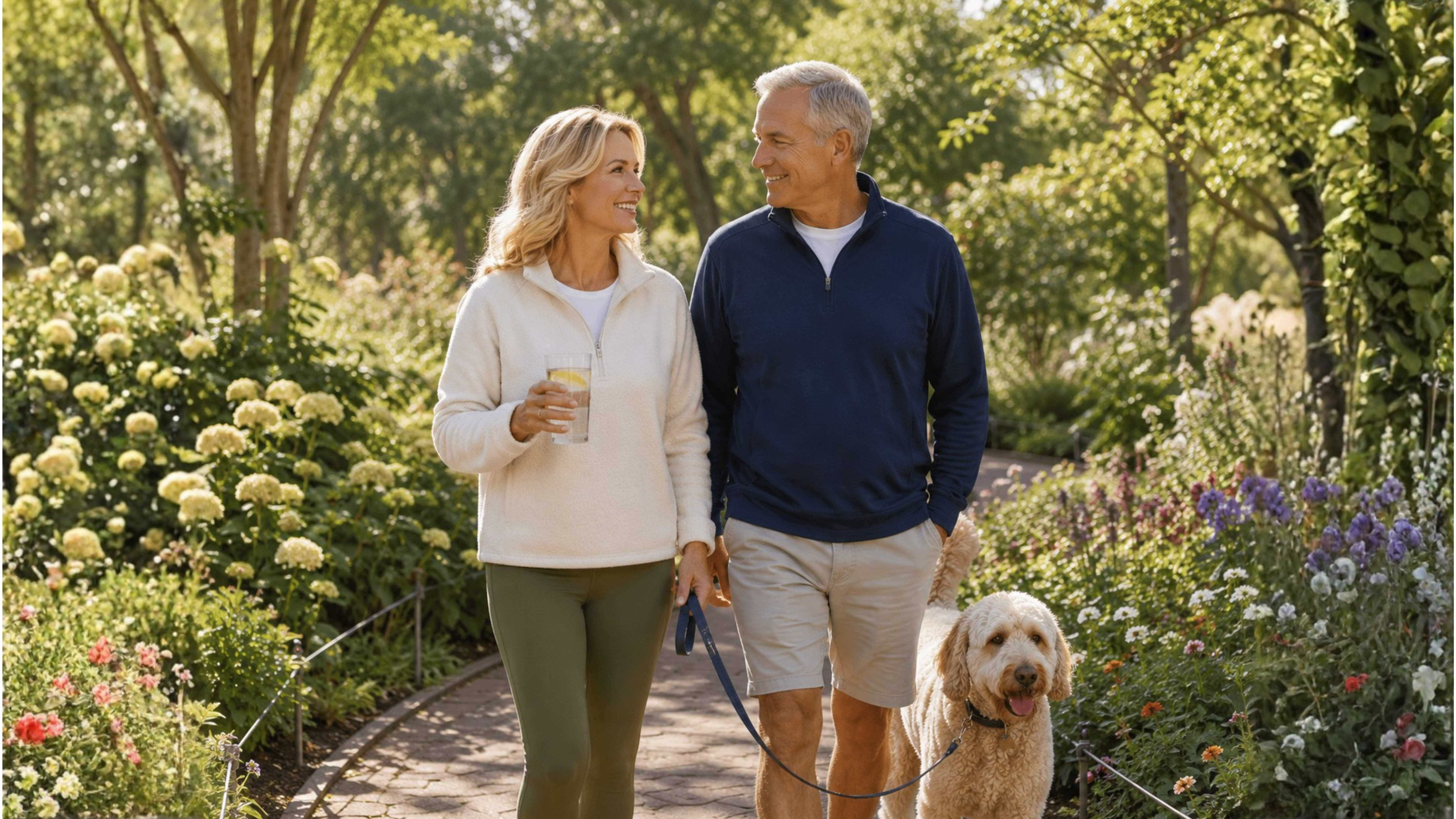 Smiling couple walking their dog through a sunny botanical garden path while enjoying a glass of lemon water.