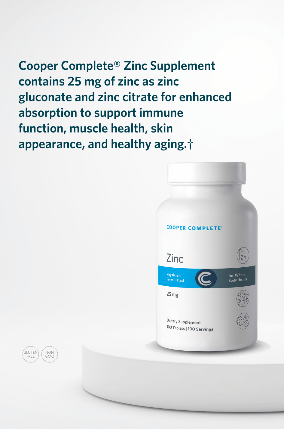 Cooper Complete Zinc Supplement container on a white background with text about zinc benefits.