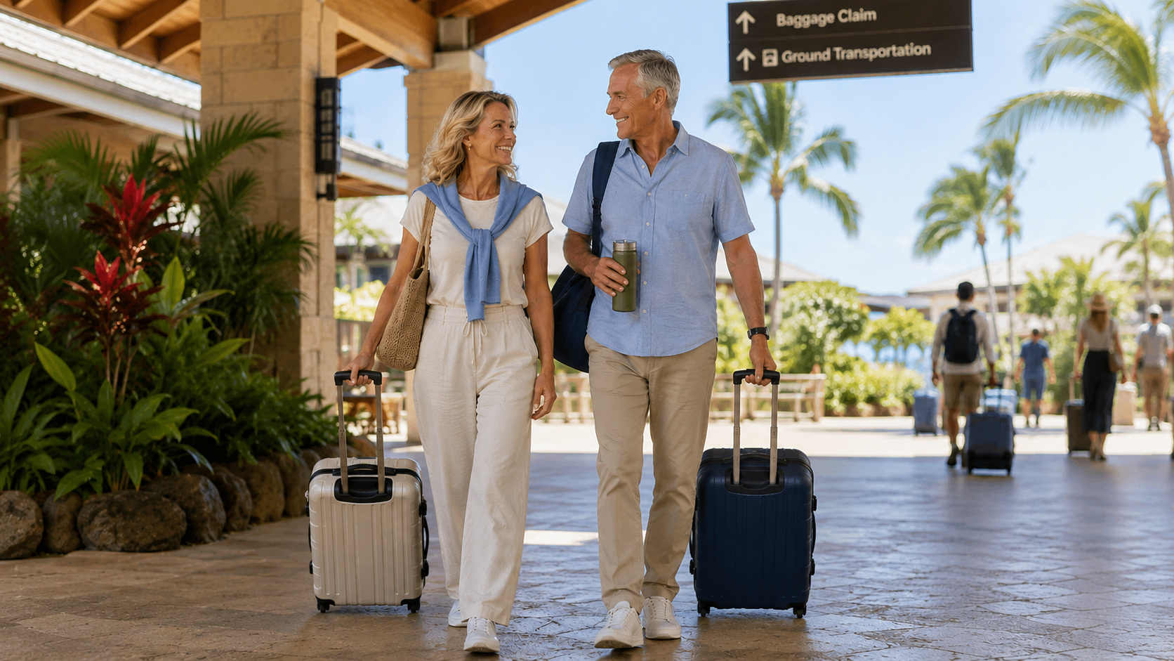 A smiling couple walking through a tropical airport terminal with rolling luggage, ready for their sunny vacation destination.