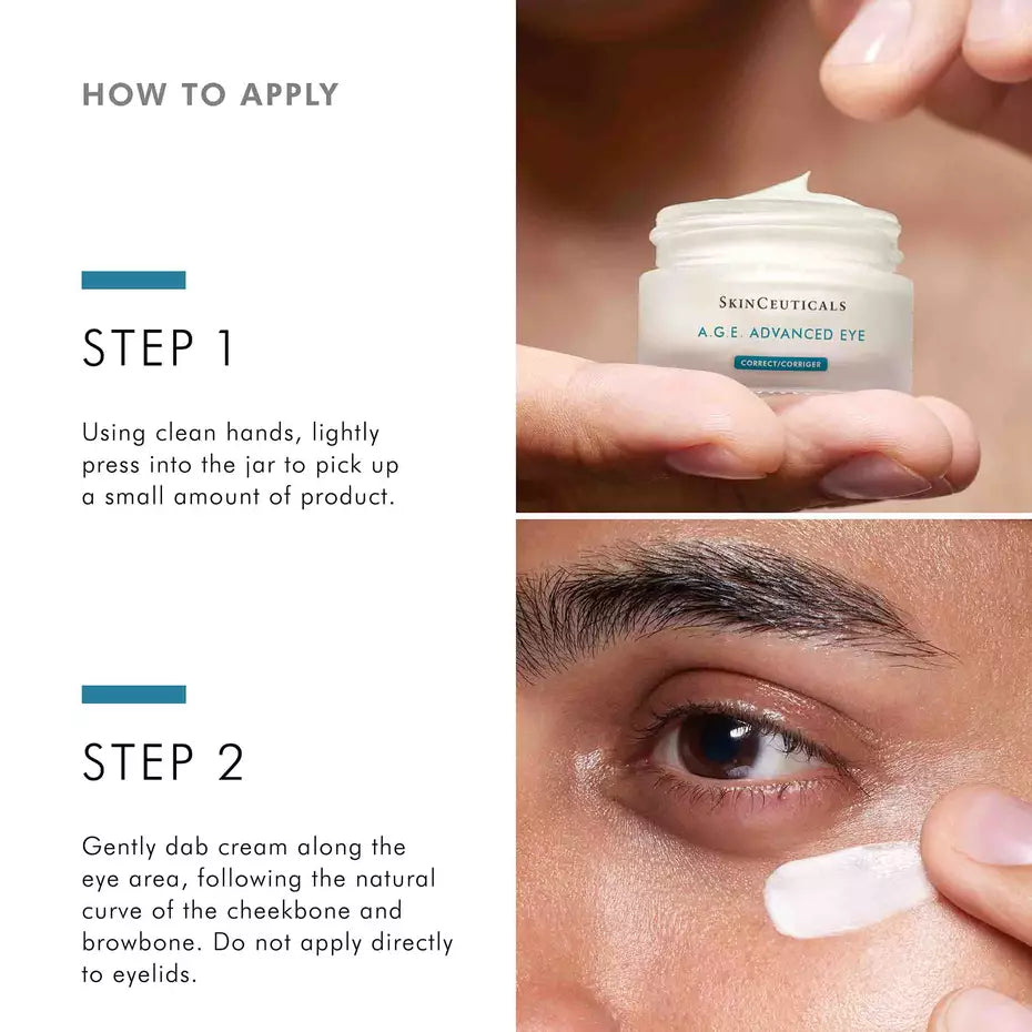 How to apply SkinCeuticals A.G.E. Advanced Eye cream along the cheekbone and browbone around the eye area.