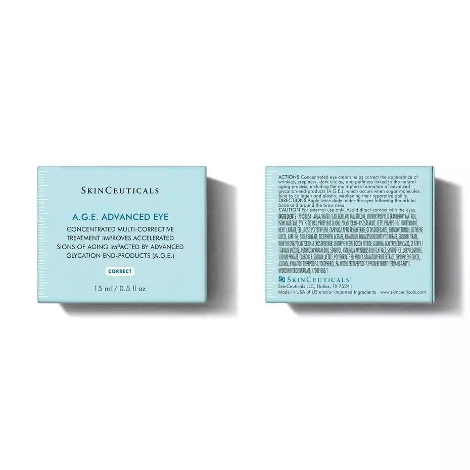 SkinCeuticals A.G.E. Advanced Eye 15 mL product box shown from front and back with formula and ingredient information.