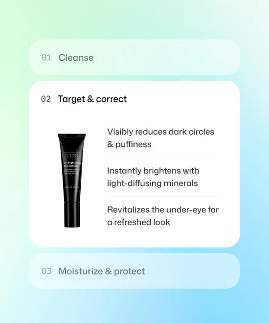 Step 2 of skincare routine using Revision Skincare C+ Brightening Eye Complex to visibly reduce dark circles, instantly brighten and revitalize the under-eye for a refreshed look.