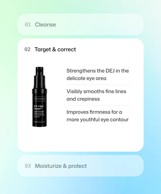Step 2 of skincare routine using Revision Skincare DEJ Eye cream to strengthen delicate eye area, visibly smooth fine lines and improve firmness.