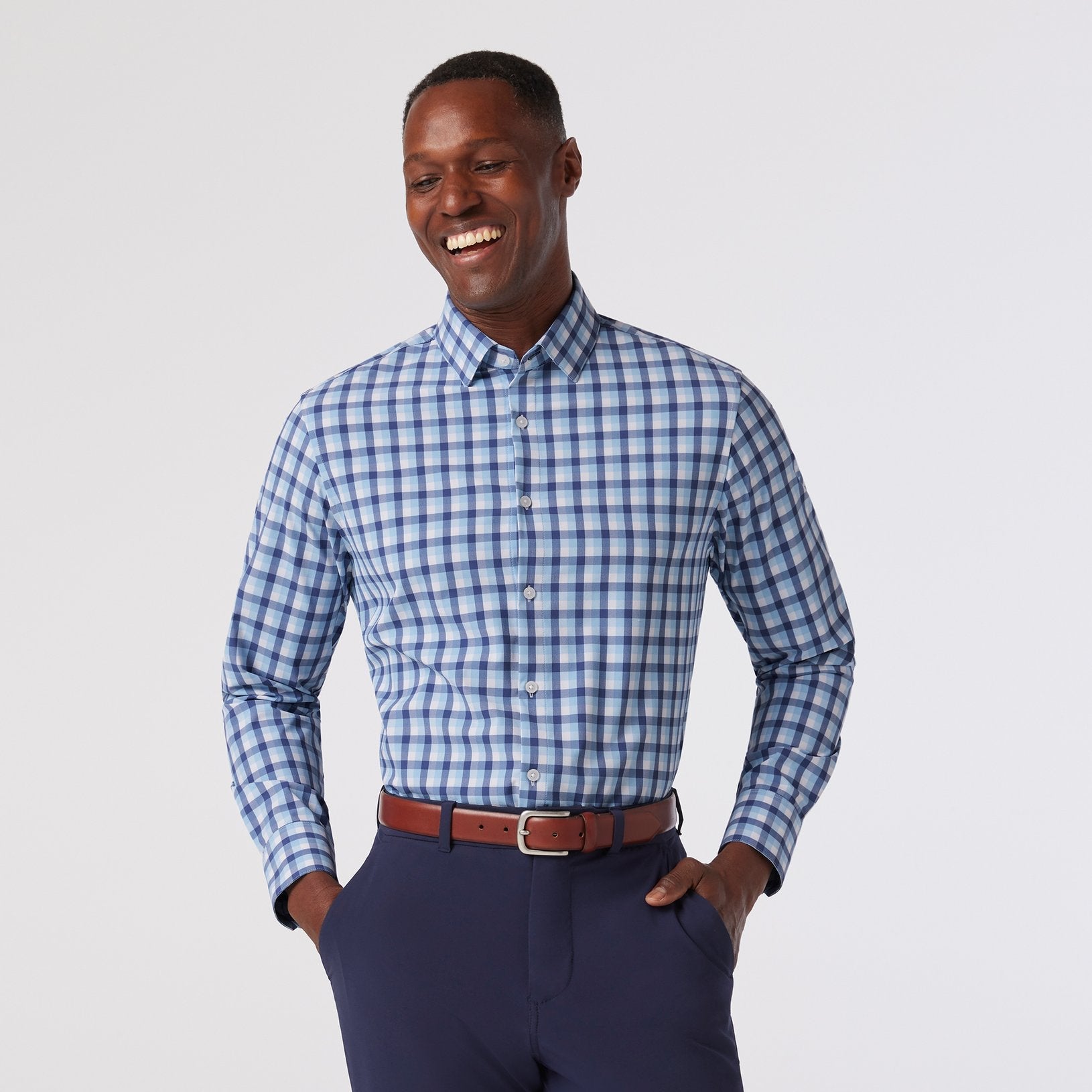Model wearing Mizzen + Main Leeward LS Coastal Fjord Dylan Plaid dress shirt.
