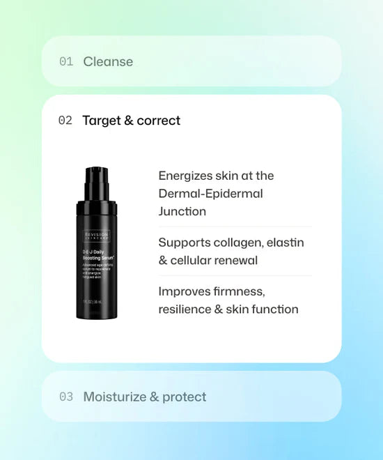 Step 2 of skincare routine using Revision Skincare DEJ Daily Boosting Serum to energize skin, support cellular renewal and improve resilience.