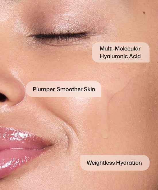 Close up of woman using Revision Skincare HA HydraSerum+ with multi-molecular hyaluronic acid for plumper, smoother skin and weightless hydration.