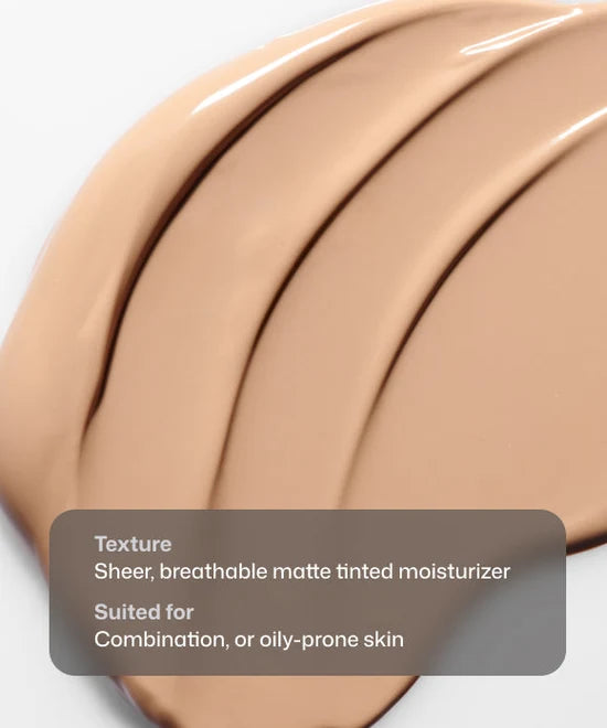 Close up swatch of sheer, breathable Revision Skincare Intellishade Matte SPF 45 tinted moisturizer suited for combination or oily-prone skin.