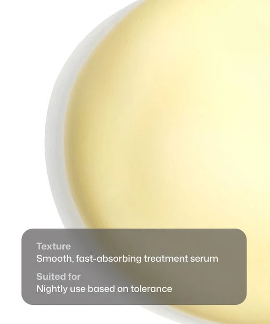 Close up swatch of smooth, fast-absorbing Revision Skincare Retinol Complete 1.0 treatment serum suited for nightly use based on tolerance.