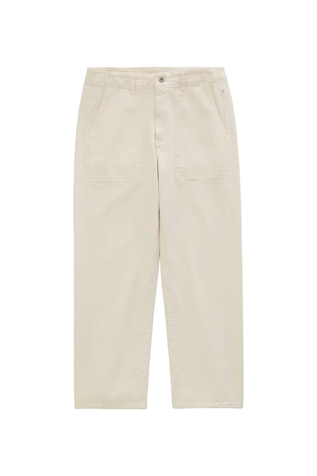 Front product view of the AG Jeans Analeigh Mid-Rise Utility Pant in off-white Opal Stone, showing the large front pockets and straight legs.