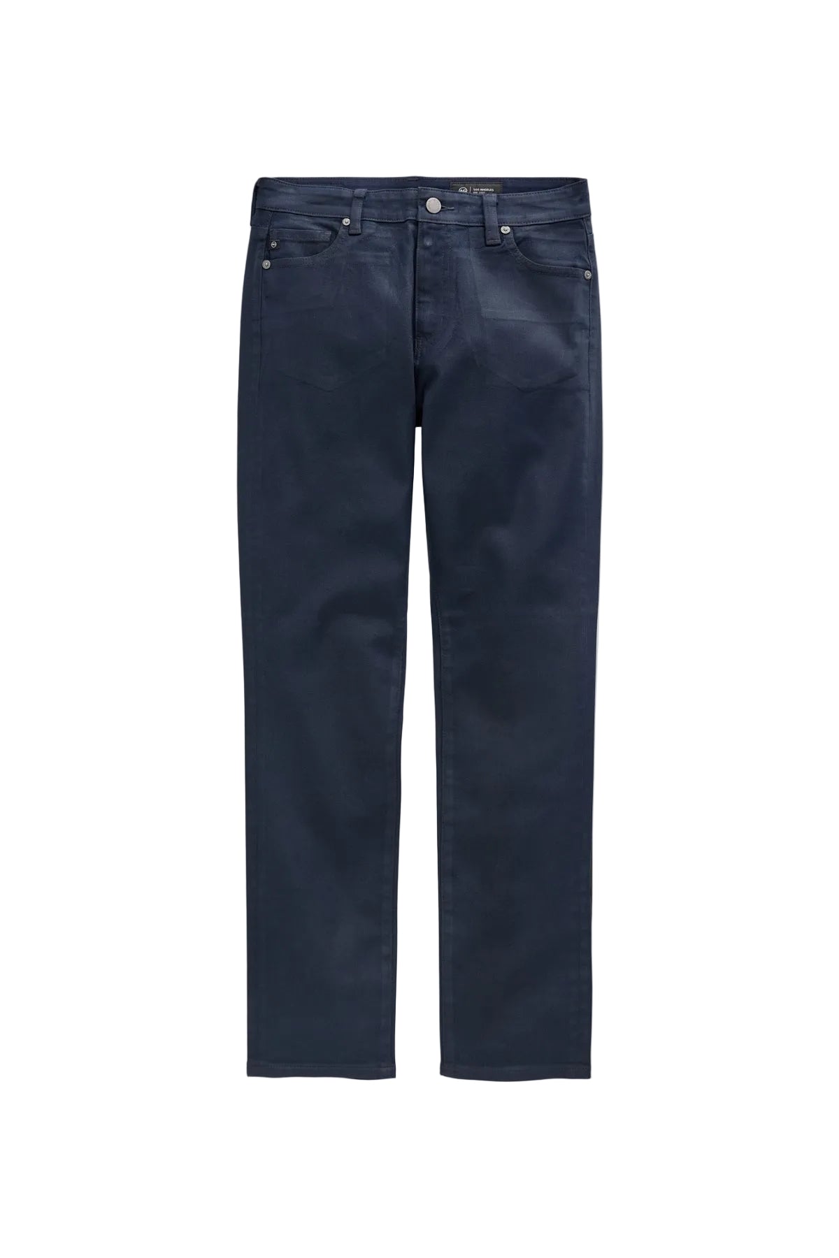 Front product view of the AG Mari Coated Jean in dark navy Deep Trenches, showing the waistband and straight-leg shape.