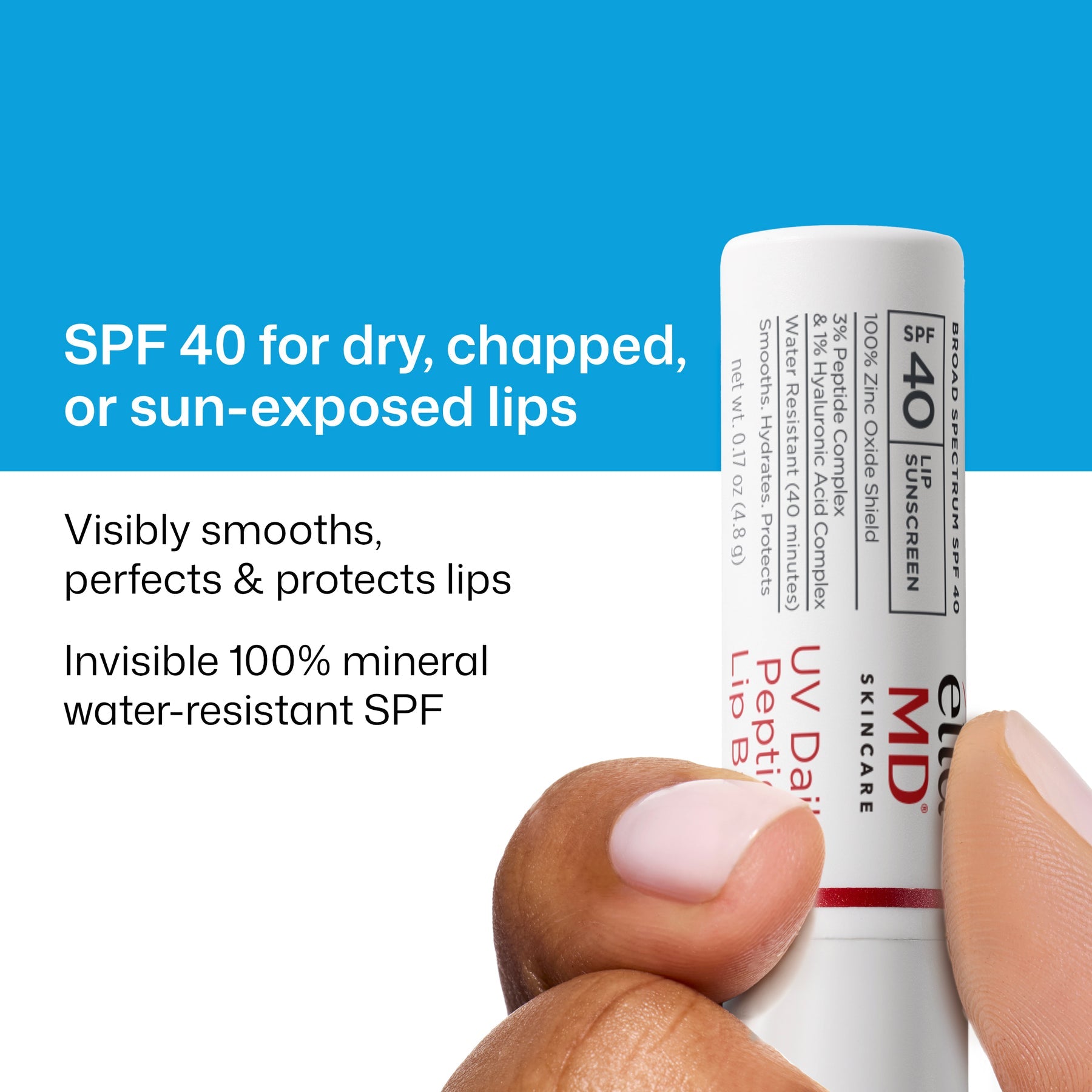 EltaMD UV Daily Peptide Lip Balm SPF 40 mineral sunscreen for dry, chapped and sun-exposed lips with water-resistant protection.