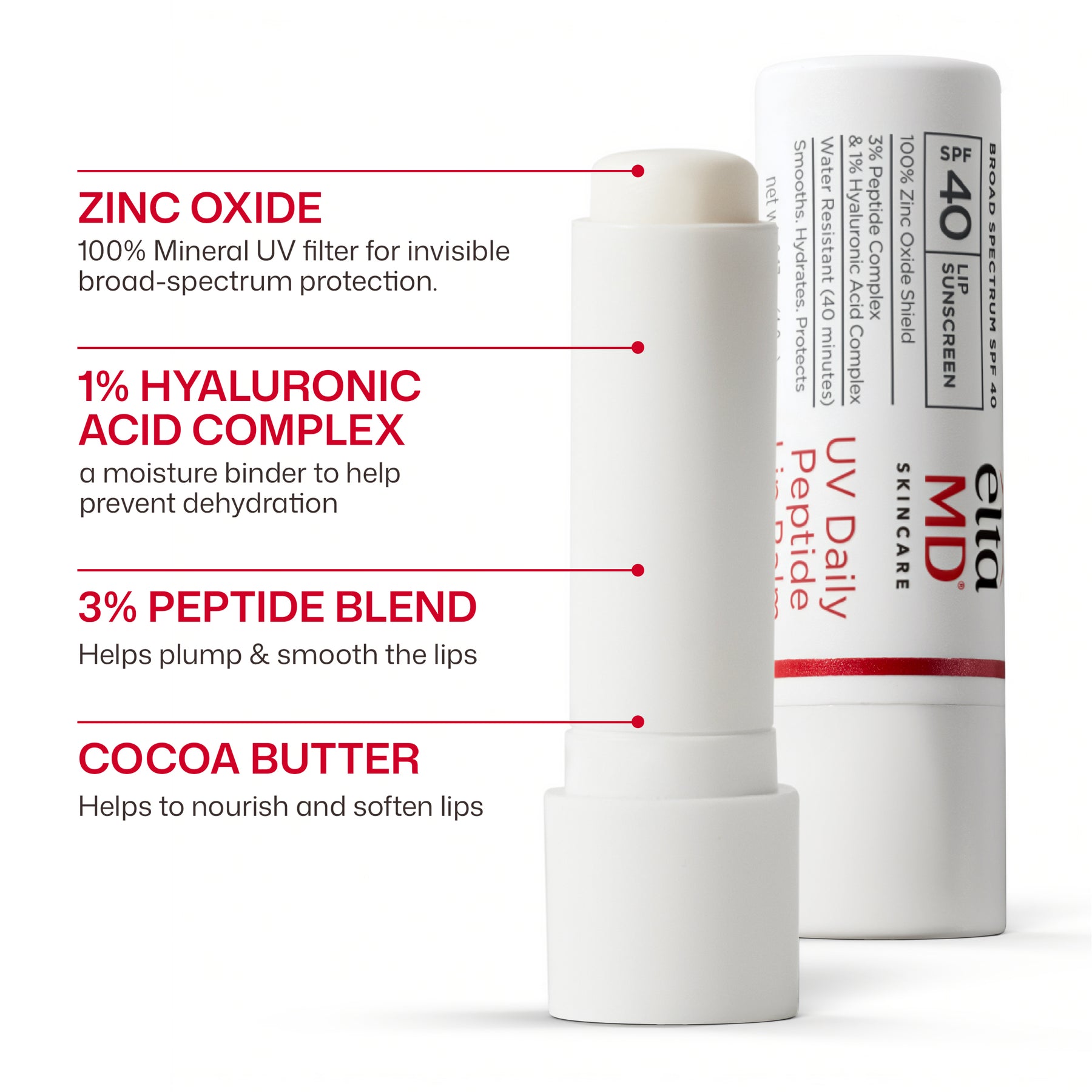 EltaMD UV Daily Peptide Lip Balm SPF 40 ingredients including zinc oxide, hyaluronic acid, peptide blend and cocoa butter.