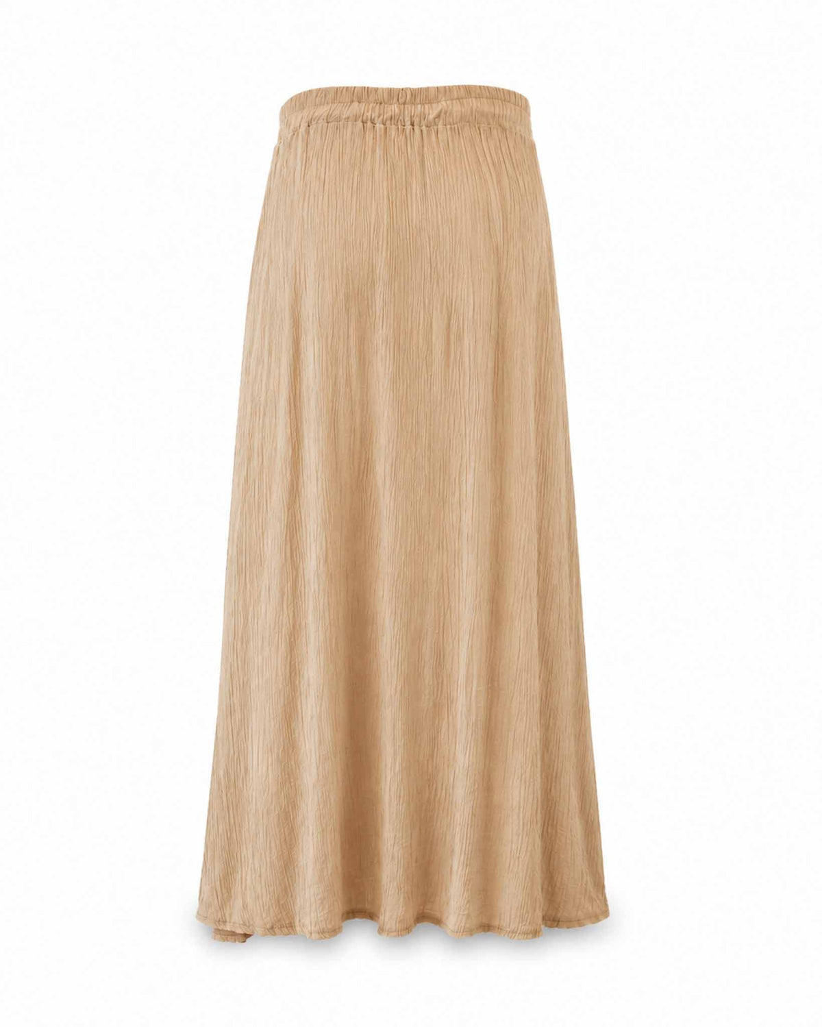 Back view of Be Fit women's Crinkle Elastic Waist Maxi Skirt in Camel. 