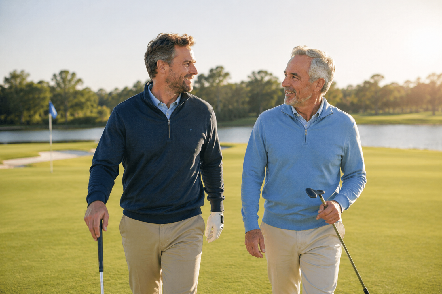 Two healthily aging men enjoying a walk on a golf course while carrying golf clubs on a sunny day.