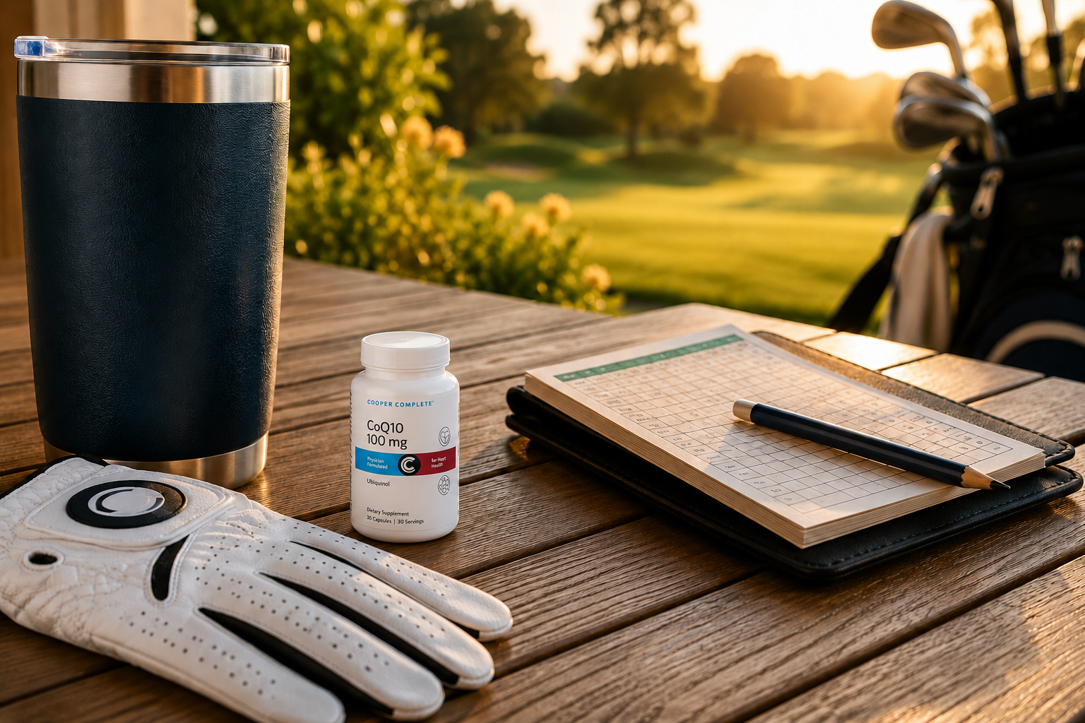 A bottle of Cooper Complete CoQ10 100 mg displayed on a wooden table with a golf glove, insulated tumbler, and a score card overlooking a golf course. 