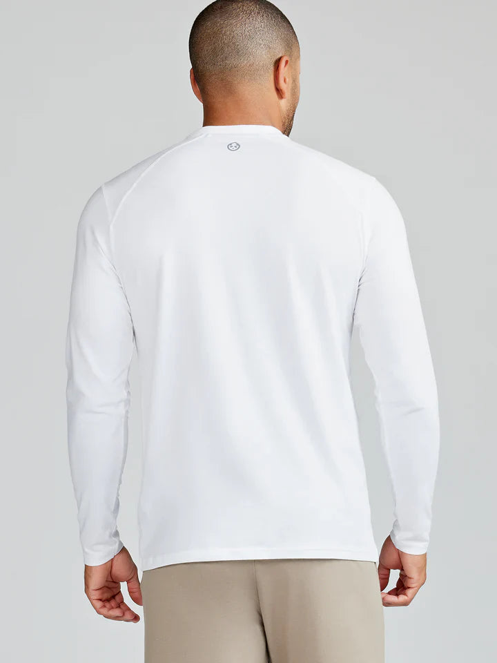 Back view of the Tasc Carrollton Fitness Long Sleeve T-Shirt in White, showing the clean back design and clean design.