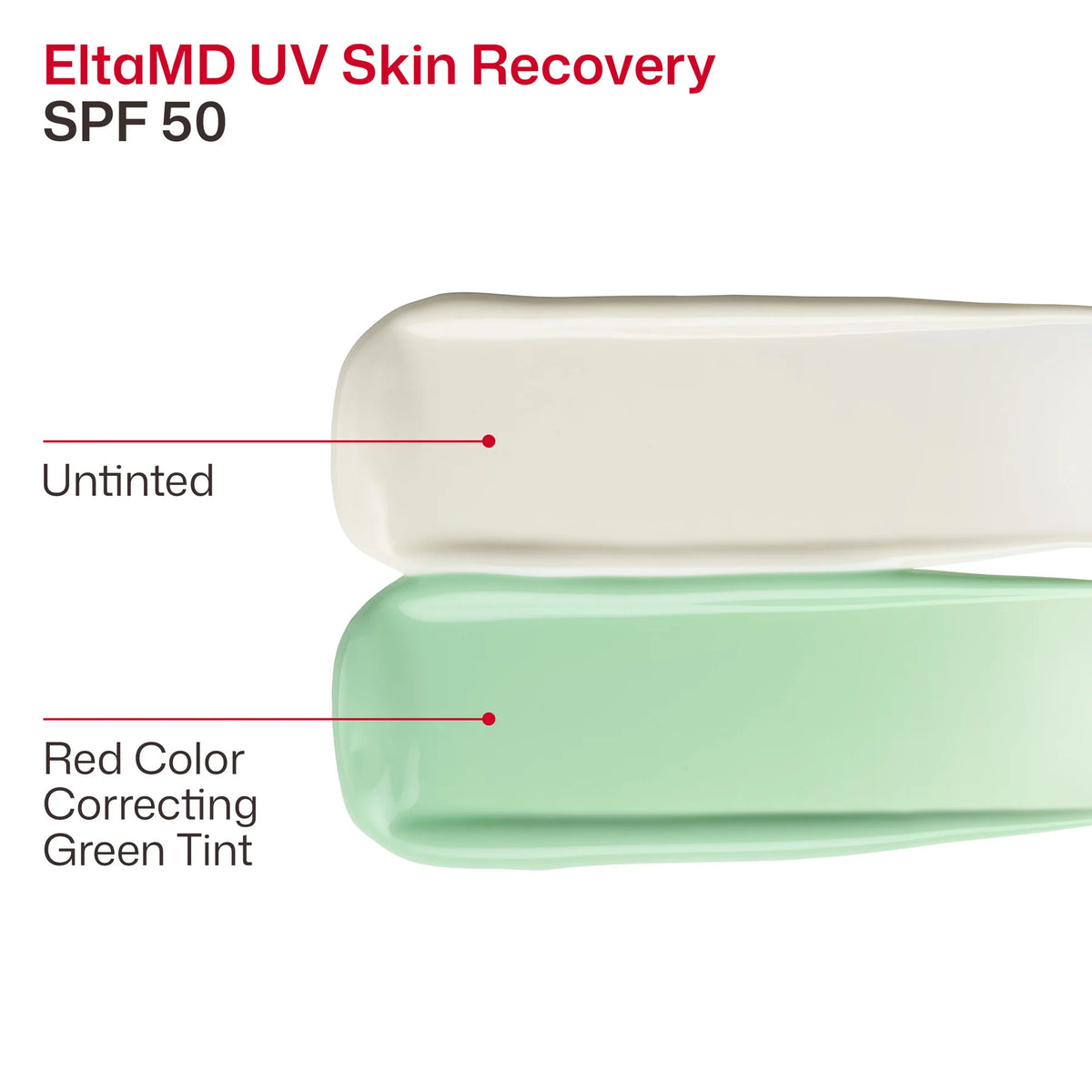 Swatches of EltaMD UV Skin Recovery SPF 50 in untinted and red color correcting green tint on white background. 