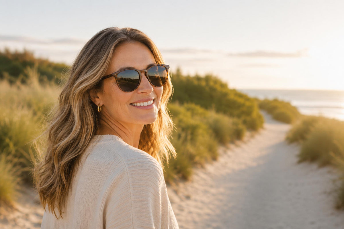 A smiling, middle-aged woman wearing sunglasses while walking along a sunny scenic coastal path with beach dunes and ocean views at golden hour. 