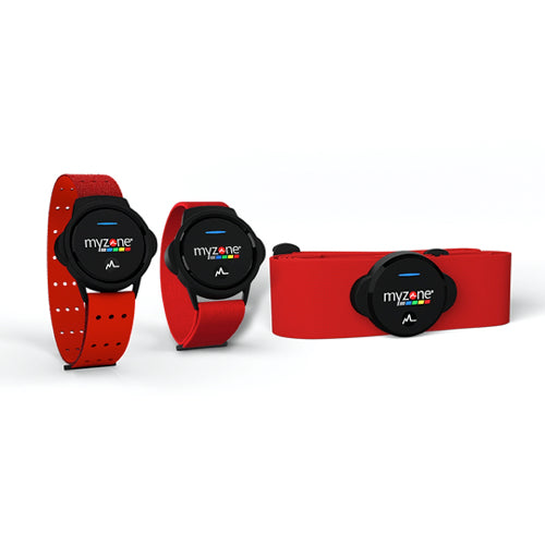 MYZONE MZ-Switch interchangeable heart rate monitor with chest strap, wrist strap, and arm strap configurations.