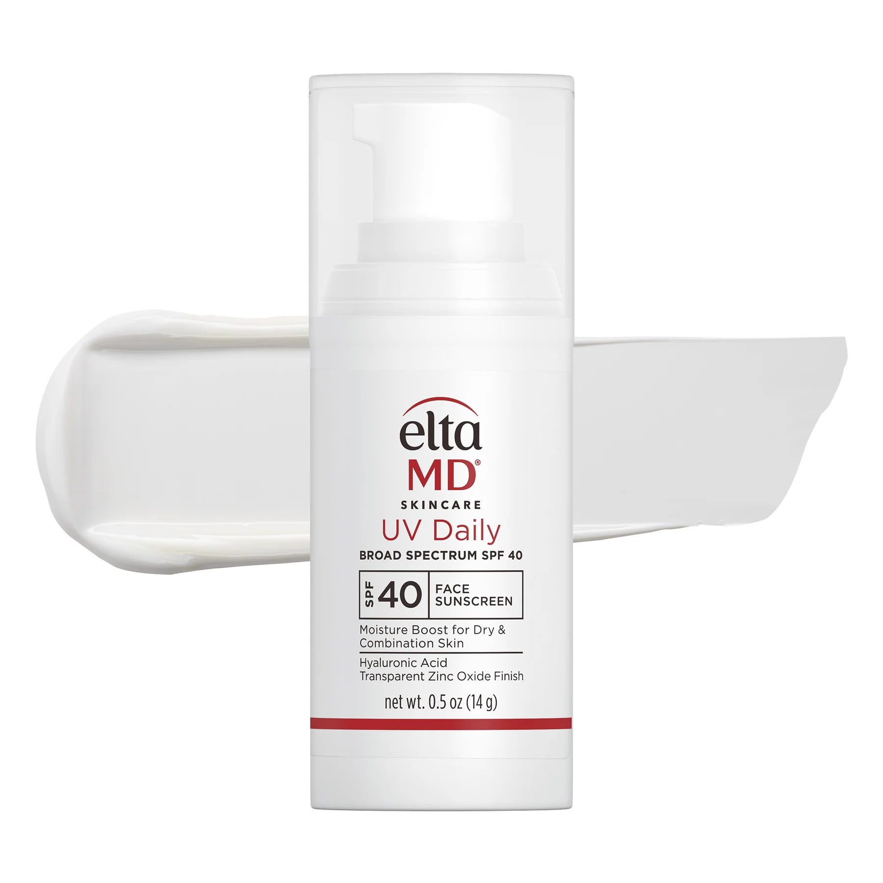 Bottle of EltaMD UV Daily Broad Spectrum SPF 40 moisturizing sunscreen with swatch of sunscreen against white background. 