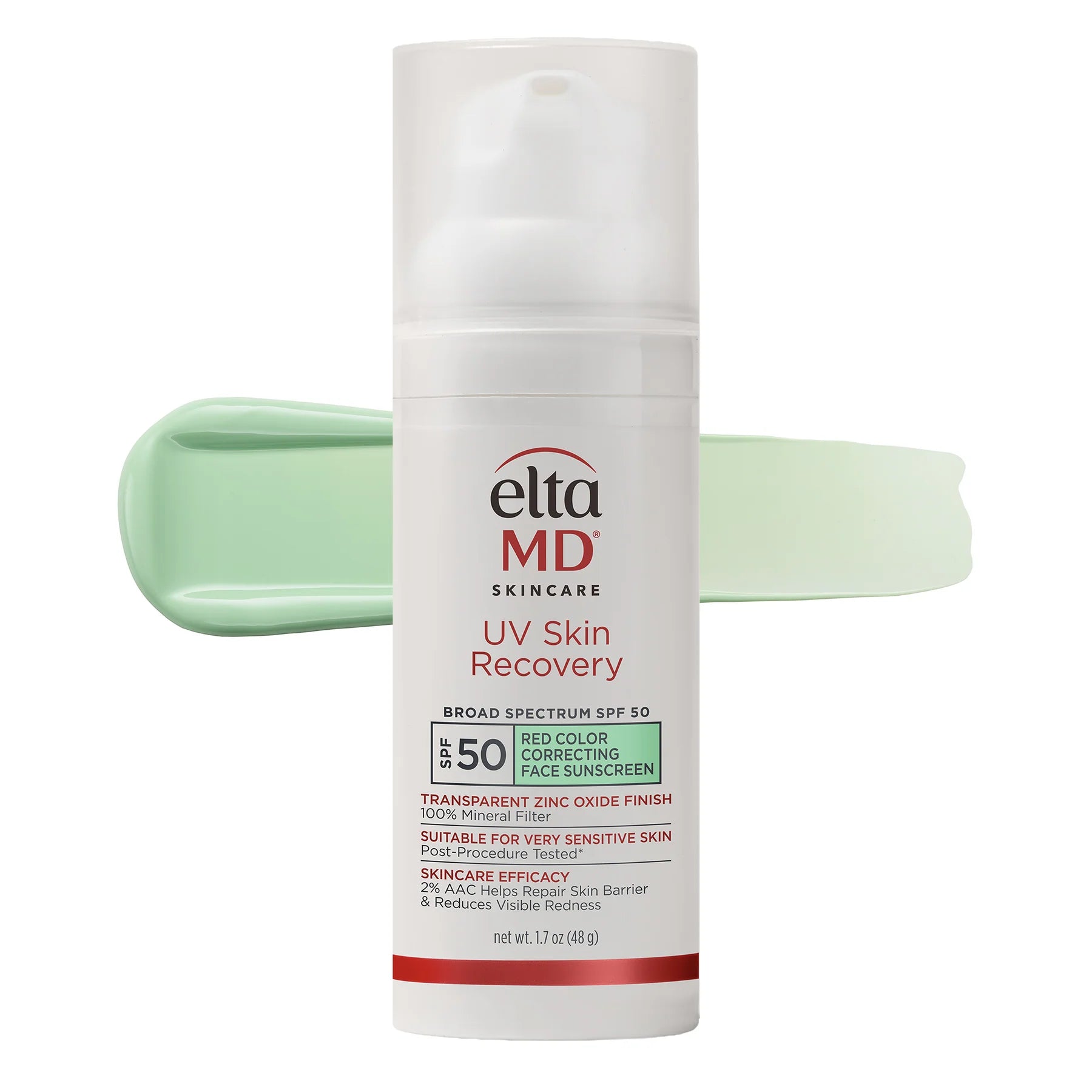 Bottle of EltaMD UV Skin Recovery Green Tinted Sunscreen SPF 50 with swatch of sunscreen in background. 