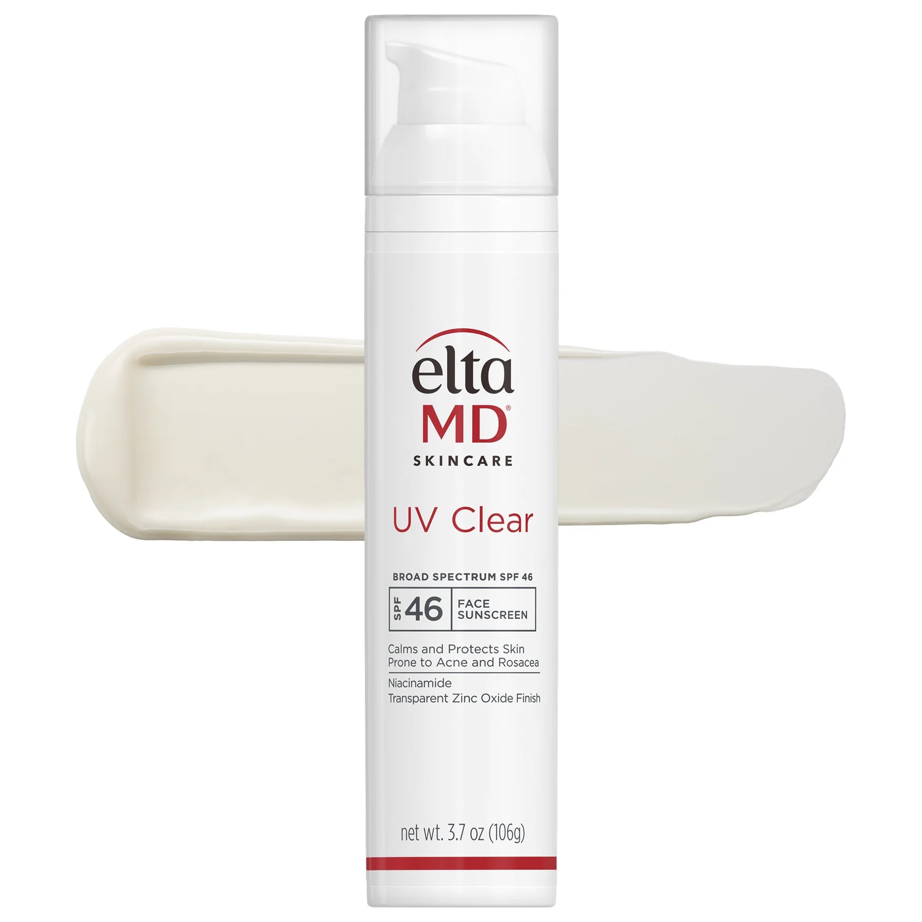 Bottle of EltaMD UV Clear Broad Spectrum SPF 46 against a white background with swatch of sunscreen for acne-prone skin.
