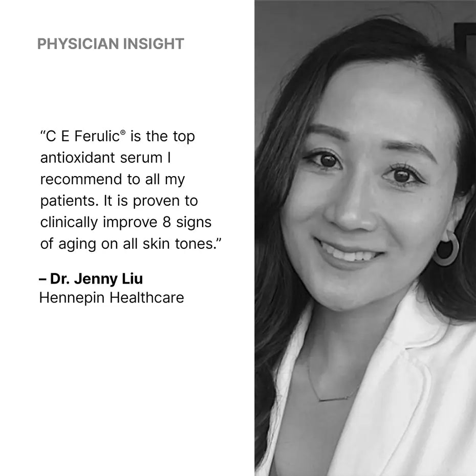 Physician insight on SkinCeuticals C E Ferulic antioxidant serum for improving visible signs of aging across skin tones.
