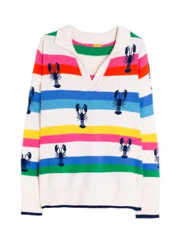 Vilagallo Happy Langoustine Sweater with multicolored stripes and lobster intarsia on a white background.