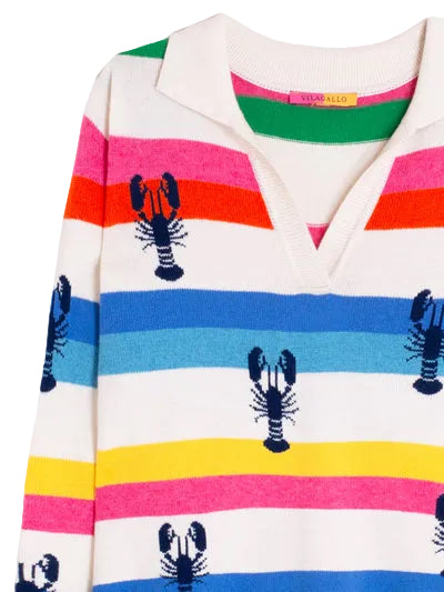 Close-up of the Vilagallo Happy Langoustine Sweater, highlighting the polo collar with V-neck opening.