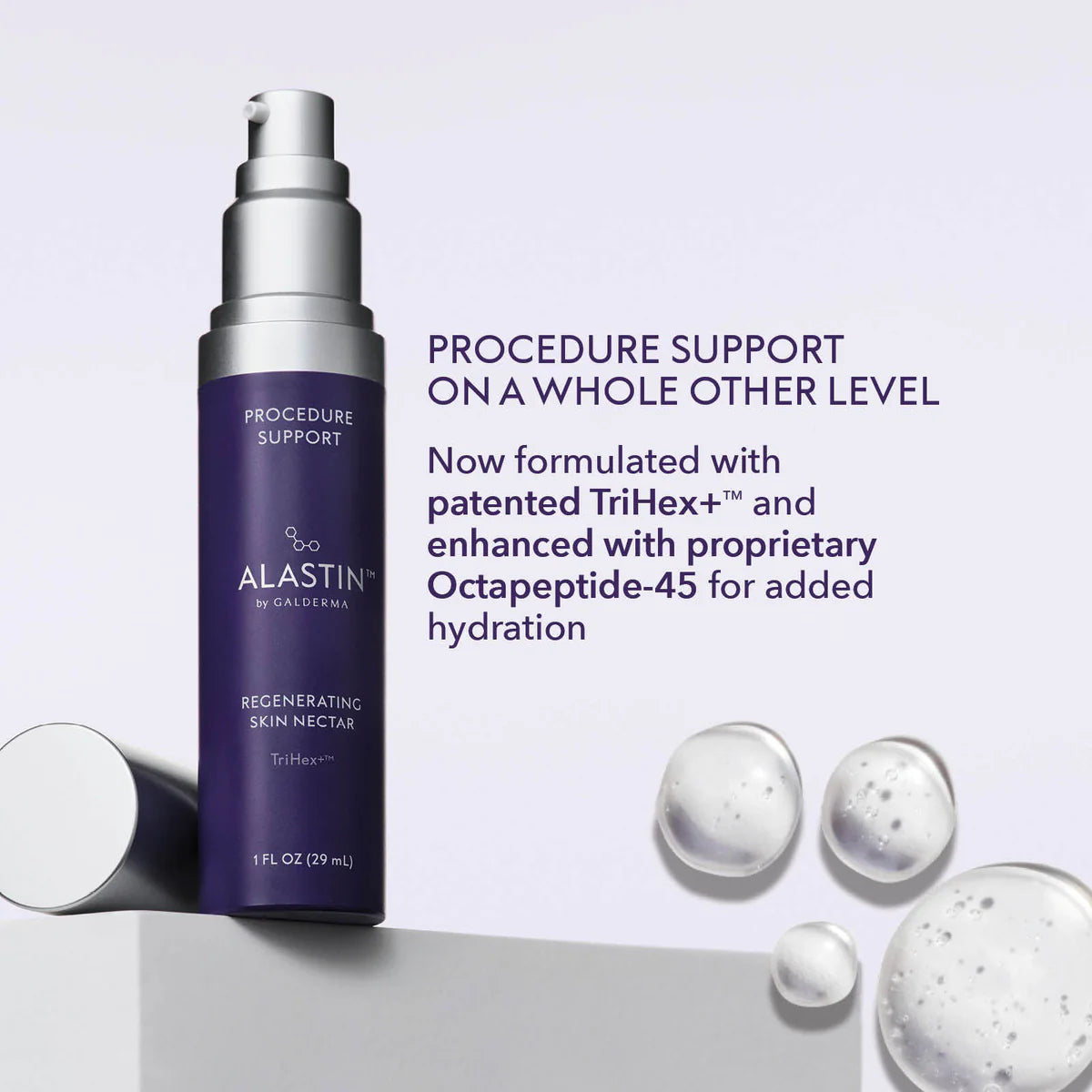 Bottle of Alastin Regenerating Skin Nectar on a white shelf for procedure support, formulated with TriHex+ and Octapeptide-45 for added hydration. 