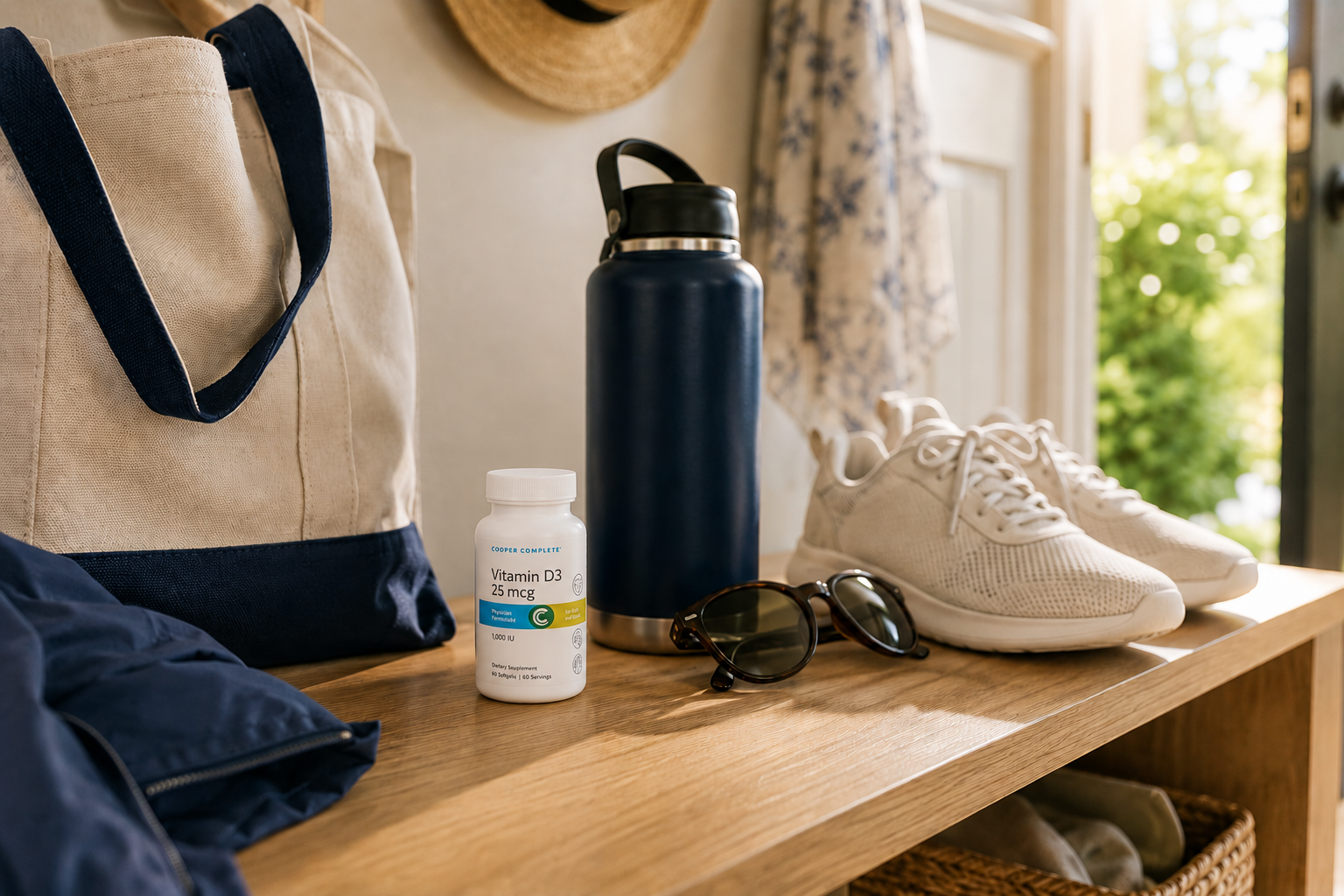 A bottle of Cooper Complete Vitamin D3 25 mcg displayed on a mud room bench with a reusable water bottle, tote bag, tennis shoes, and sunglasses in a sunny, natural-lit room.