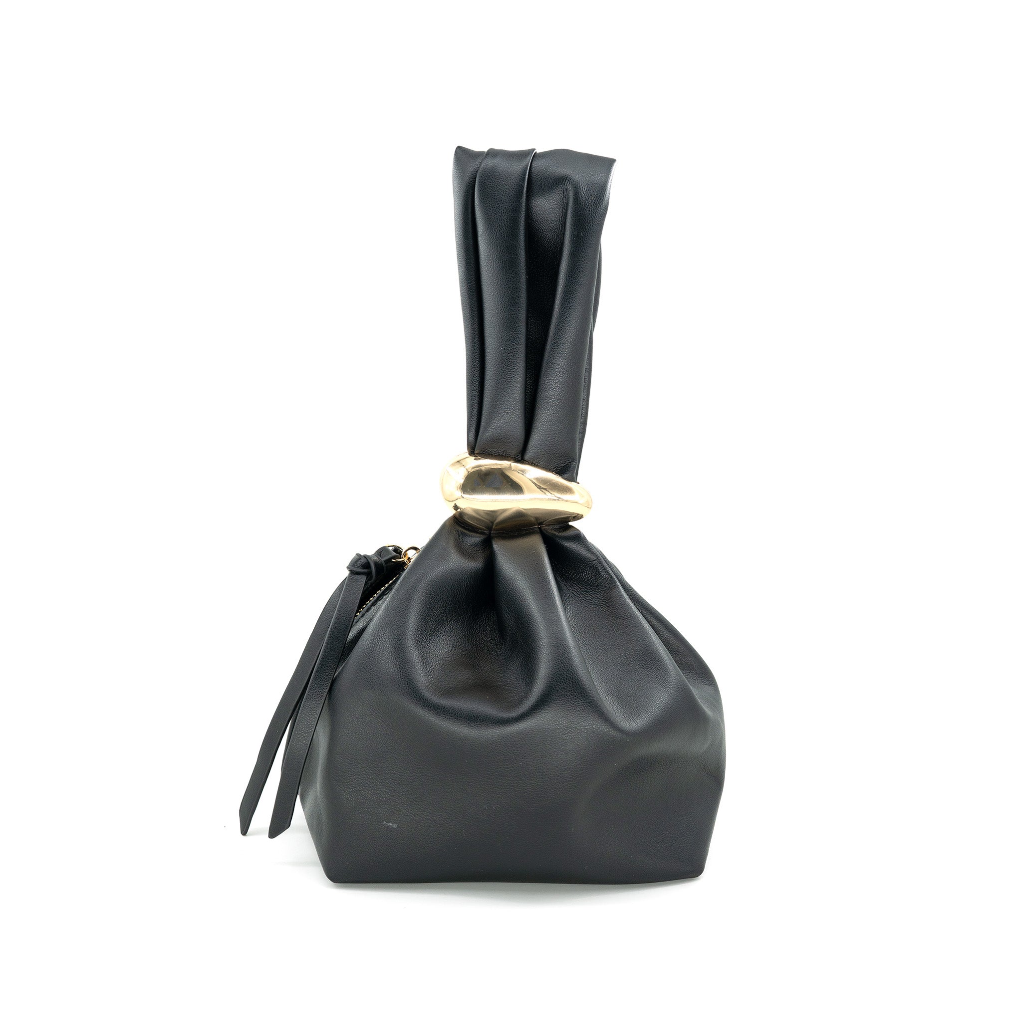 Evening bag in Black featuring a crinkled paper bag-inspired silhouette with a structured shape and gold-tone clasp.