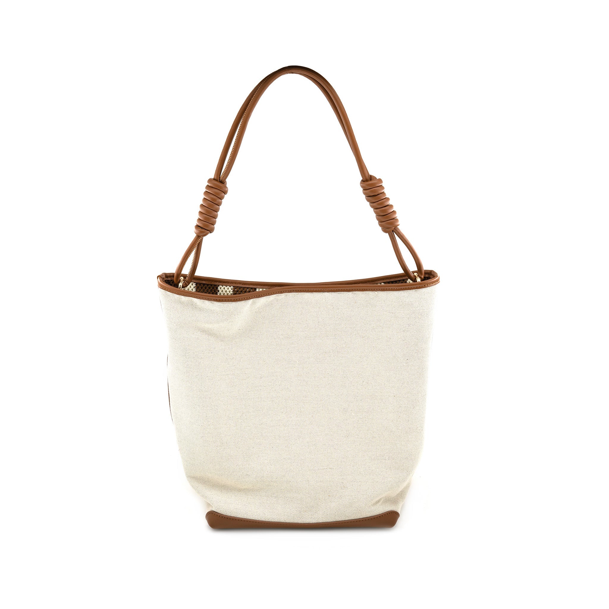 Back view of the B&C Bags Lisboa Reversible Tote in tan and cream stripes, highlighting the structured shape and adjustable shoulder strap.