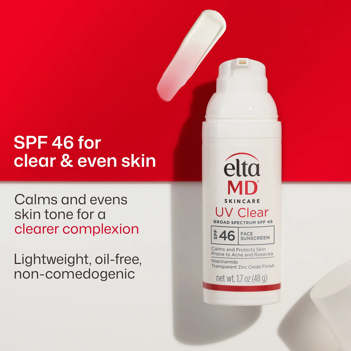 EltaMD lightweight, oil-free, and non-comedogenic UV Clear Broad Spectrum SPF 46 for clear and even skin. 