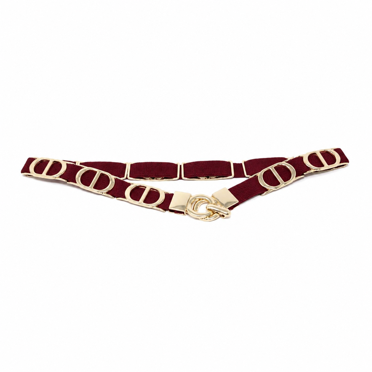 German Fuentes Stretch Belt in Burgundy with gold-tone circular hardware and buckle, laid flat on a white background.