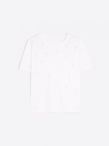 Vilagallo white T-shirt with rhinestone embellishments on a white background.